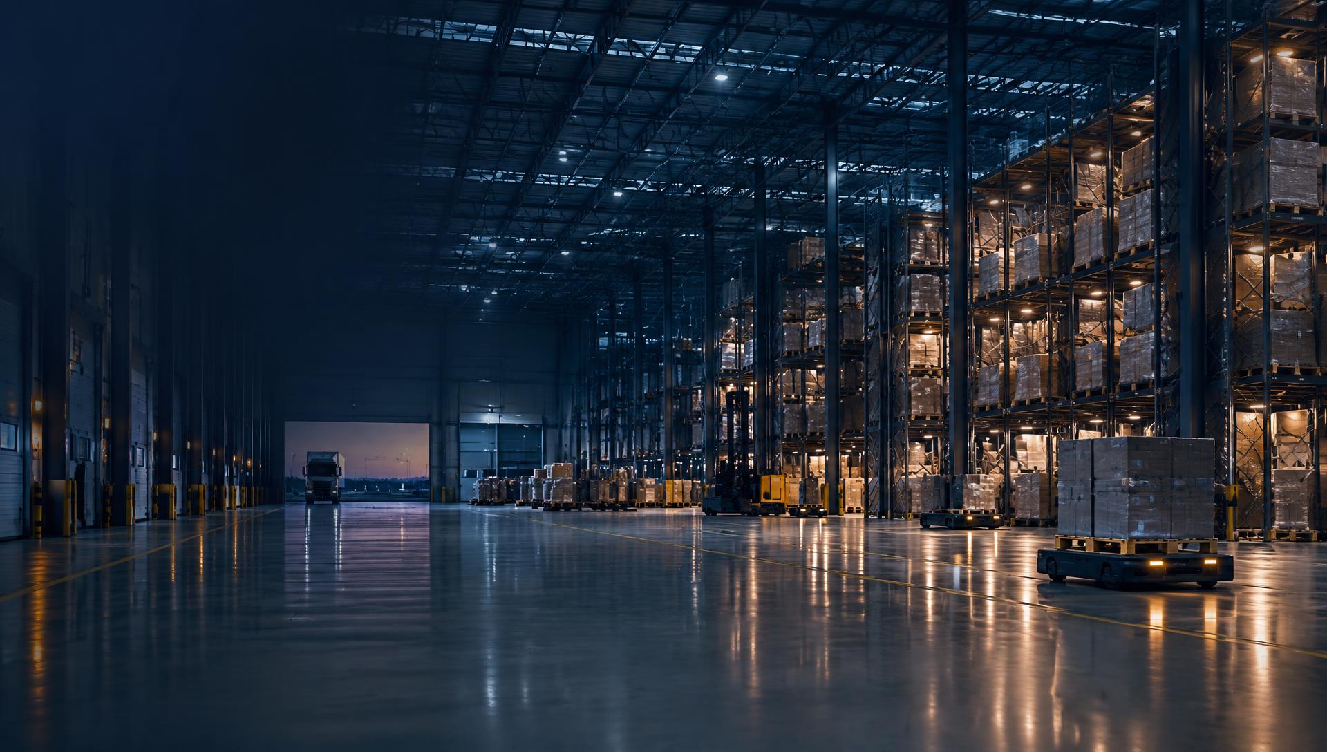 Modern Grade A warehouse interior at dusk